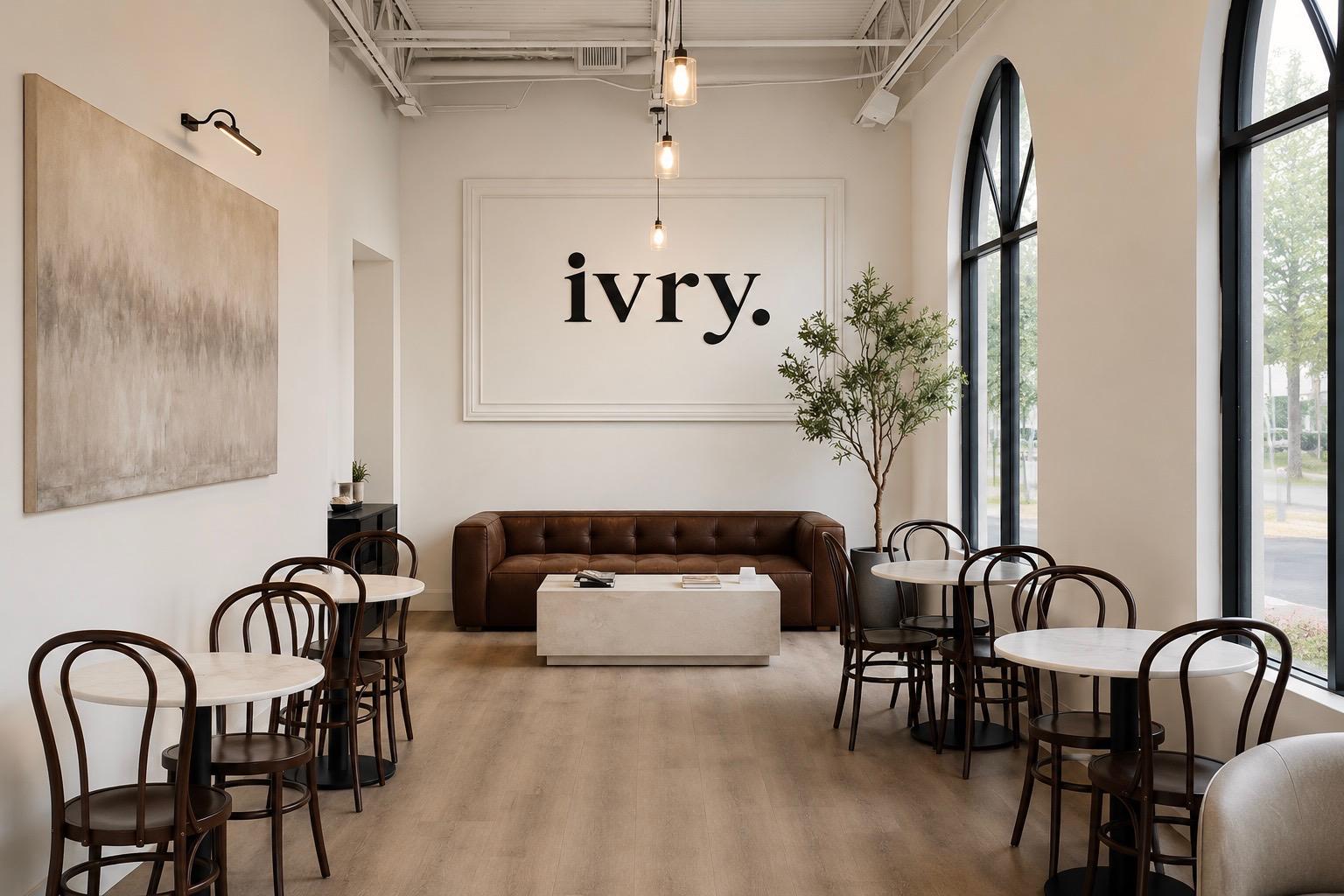 The main room at ivry. — leather sofa beneath the ivry. wall logo, marble bistro tables and bentwood chairs under tall arched windows.