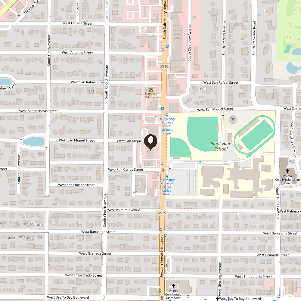 Street map showing ivry. Espresso & Flatbread at 2307 S Dale Mabry Hwy in South Tampa, across from Plant High School